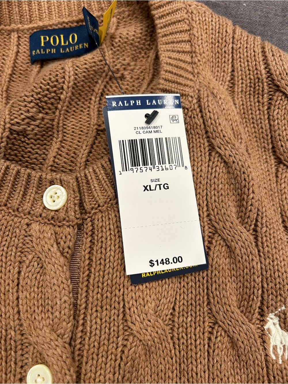 Polo by Ralph Lauren Camel Cable Knit Button Cardigan - Picture 2 of 2